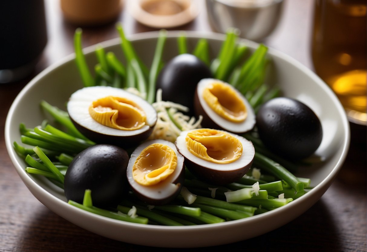 A bowl of century eggs surrounded by ginger slices and drizzled with soy sauce, next to a pile of chopped green onions and a bottle of vinegar
