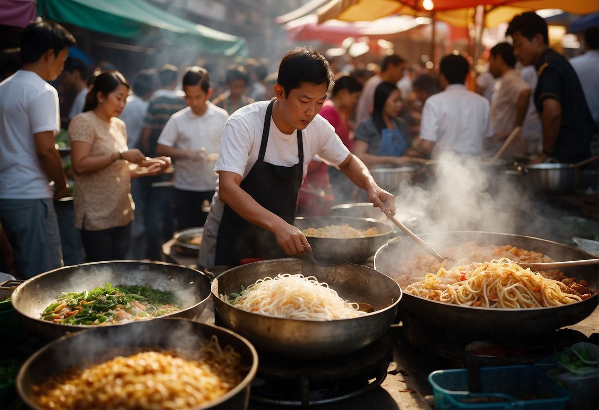 A bustling street market with vendors stir-frying rice noodles, bean sprouts, and seafood over a large wok, surrounded by colorful ingredients and aromatic spices