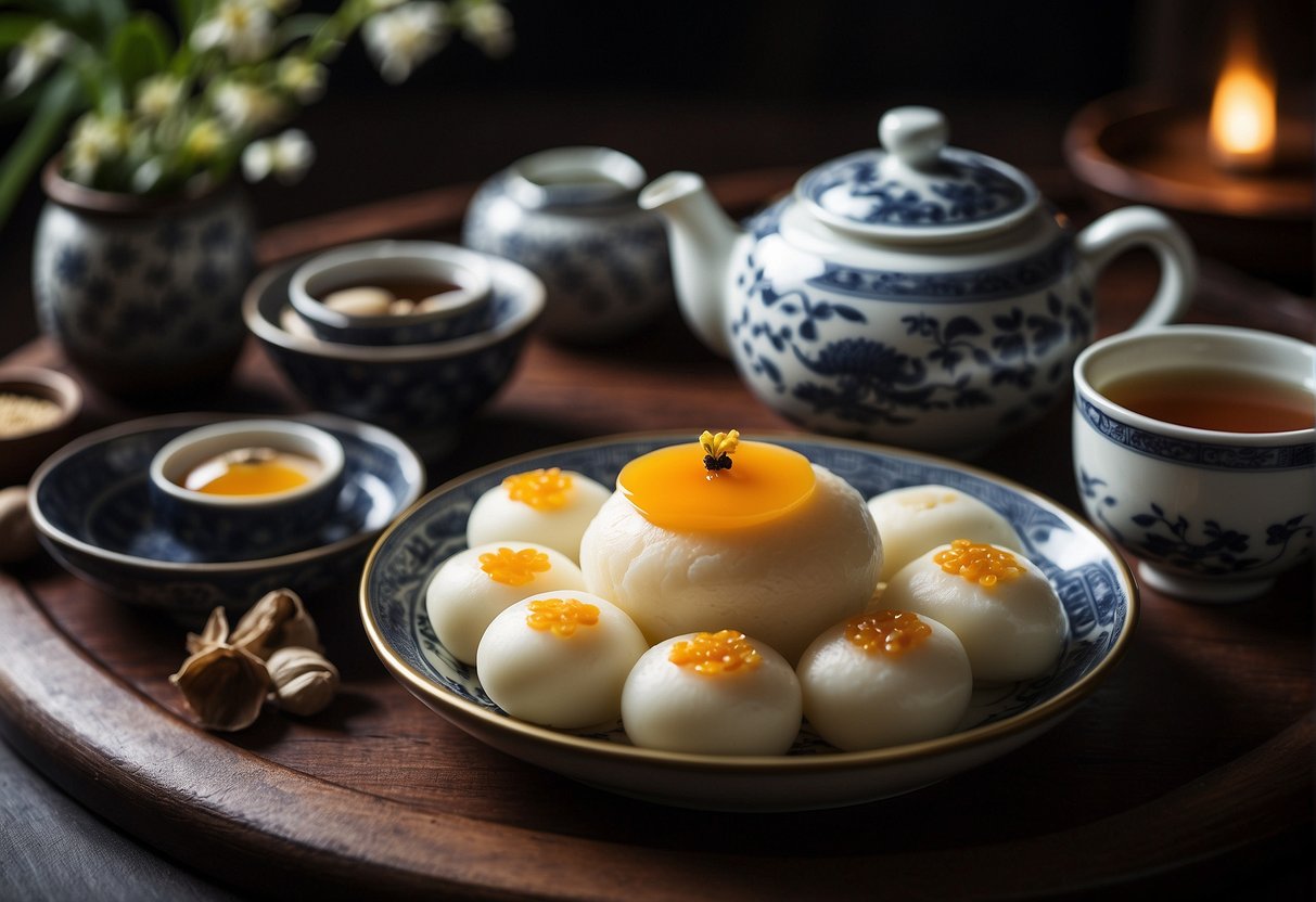 A table set with a traditional Chinese tea set, century eggs, pickled ginger, and a plate of steamed buns
