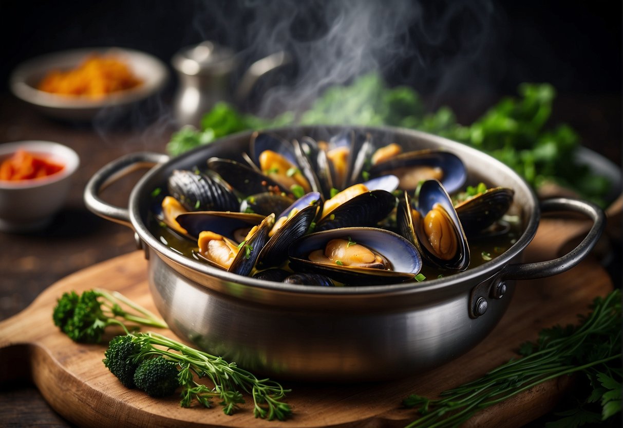 A steaming pot of green mussels in a savory Chinese sauce, surrounded by vibrant vegetables and fragrant herbs