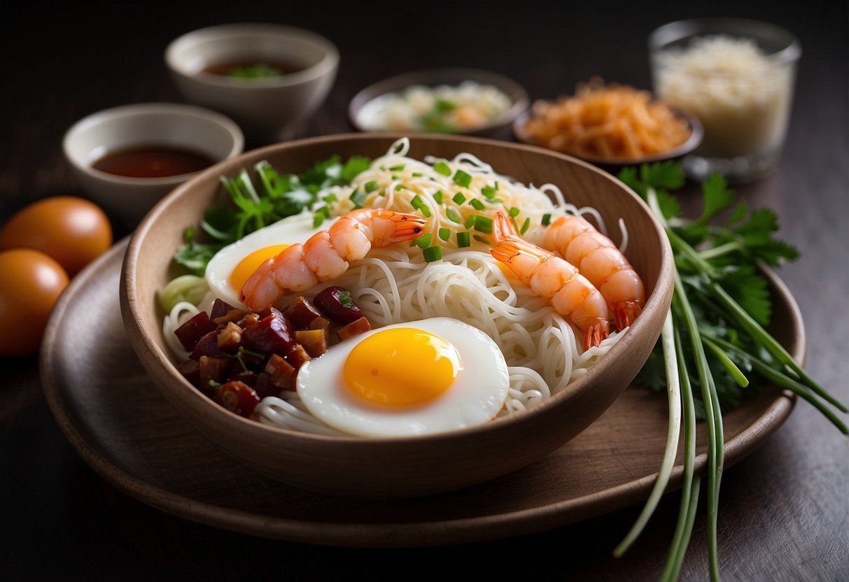 A table with ingredients: rice noodles, soy sauce, garlic, eggs, prawns, Chinese sausage, bean sprouts, chives, and chili paste