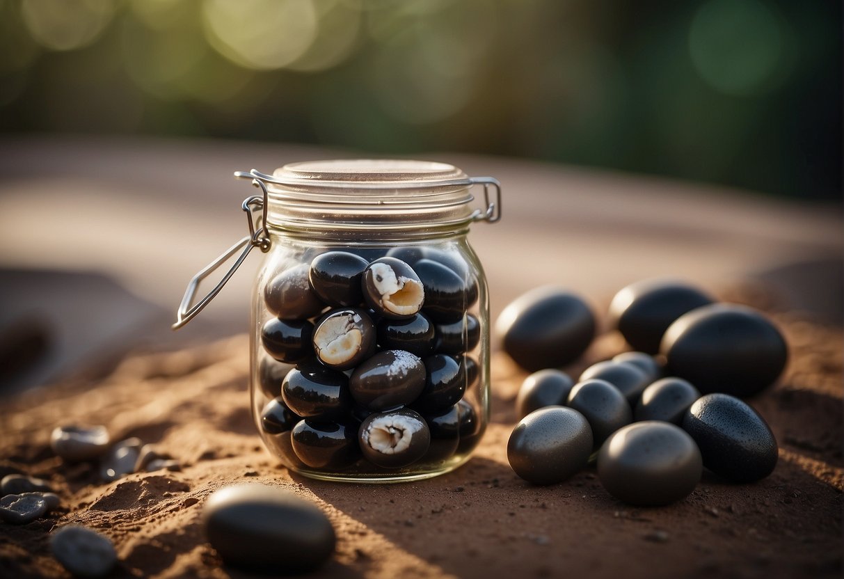 A glass jar filled with century eggs, submerged in a mixture of salt, clay, ash, and quicklime, sealed with a tight-fitting lid