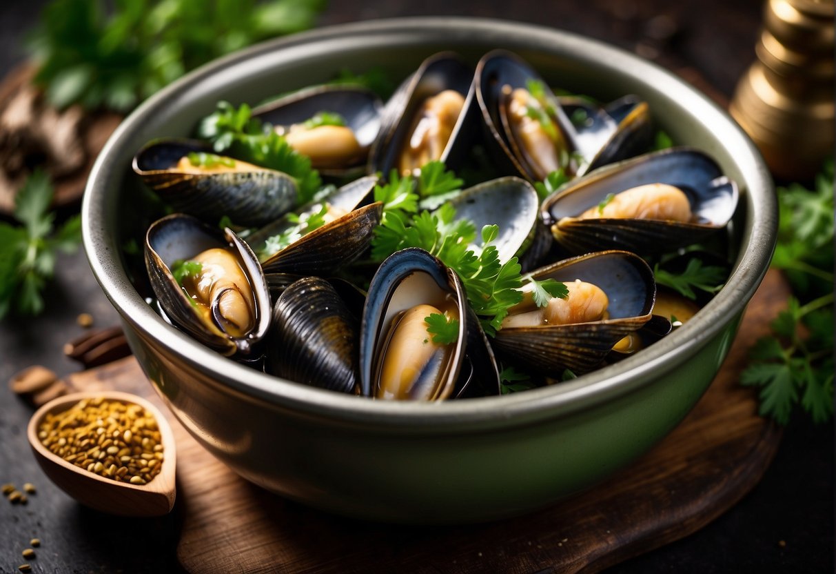 A steaming pot of green mussels in a fragrant Chinese broth, surrounded by vibrant green herbs and spices, with a pair of chopsticks resting on the side