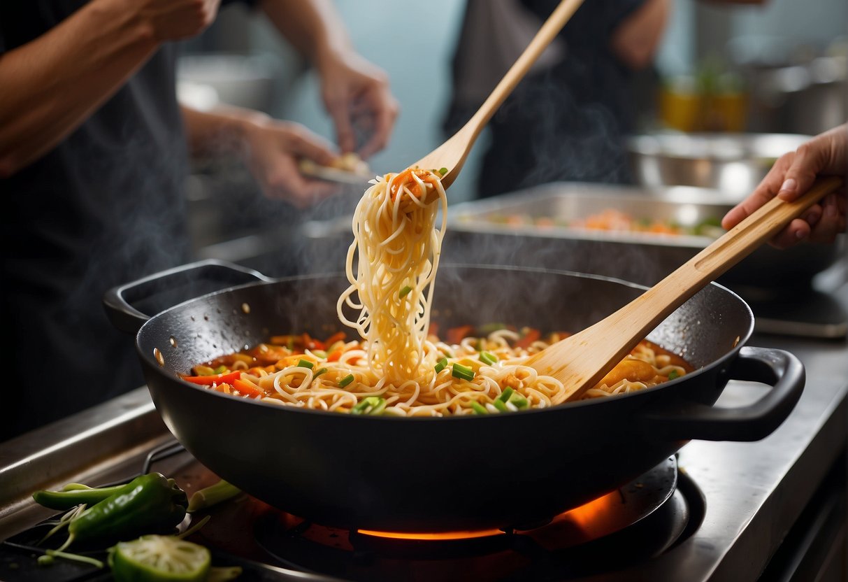 A wok sizzles over high heat, as a chef stir-fries rice noodles, shrimp, and bean sprouts, adding soy sauce and chili paste for a flavorful finish