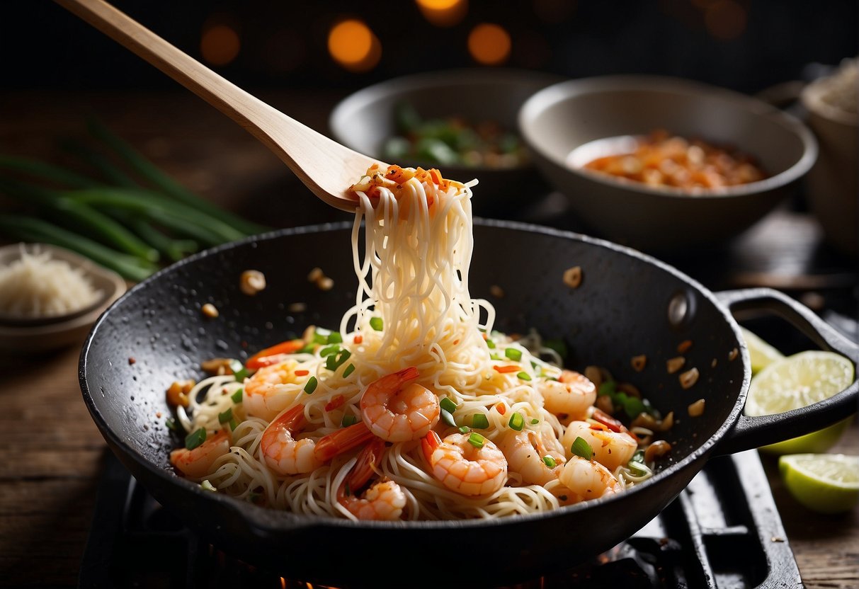 Wok sizzling with garlic, shrimp, and flat rice noodles. A splash of soy sauce and chili paste added, then tossed with bean sprouts and chives