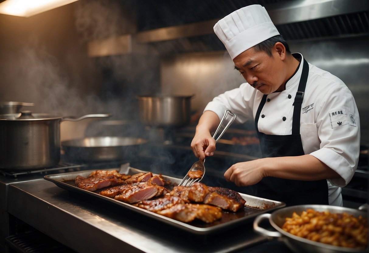 A chef marinates pork in a sweet and savory sauce, then roasts it to caramelized perfection, creating Chinese char siew