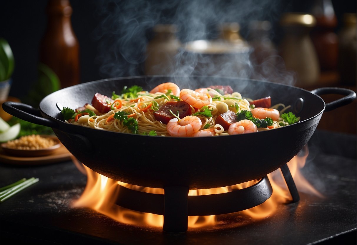 A sizzling wok with smoking hot oil, filled with stir-frying ingredients like flat rice noodles, Chinese sausage, shrimp, bean sprouts, and chives