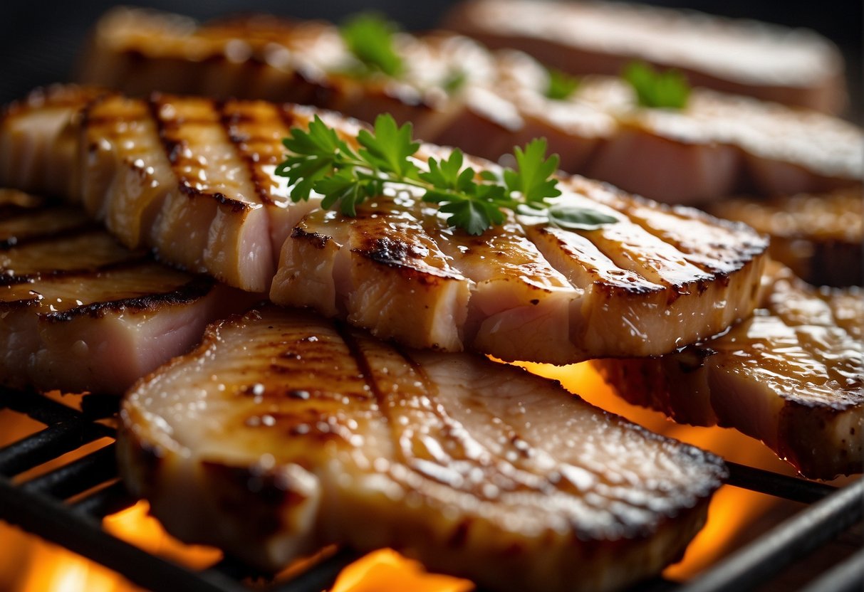Slices of marinated pork sizzling on a hot grill, caramelizing and turning golden brown as the sweet and savory aroma fills the air