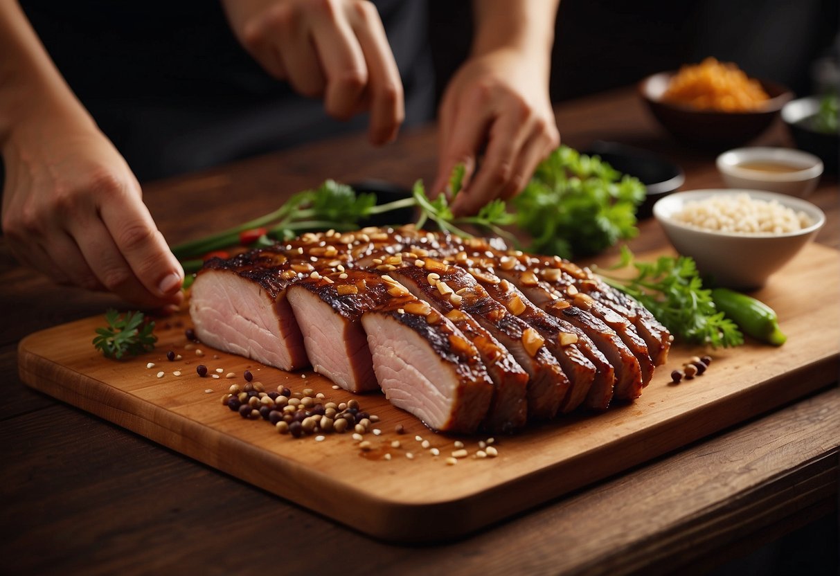 A chef marinates pork with soy sauce, honey, and spices for Chinese char siew. Ingredients are laid out on a wooden cutting board