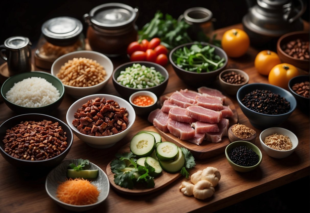 A kitchen counter with various ingredients and utensils laid out for making Chinese char siew