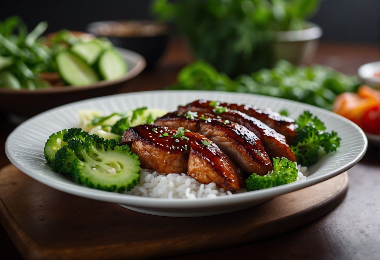 A steaming plate of Chinese char siew, with a glossy glaze, on a bed of fluffy white rice, surrounded by vibrant green vegetables