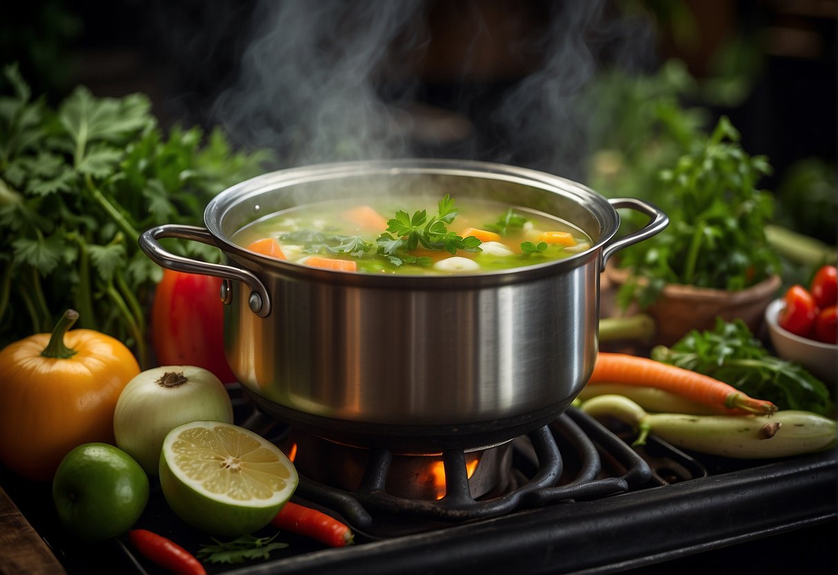A steaming pot of green papaya soup simmers on a rustic stove, surrounded by fresh herbs, spices, and vibrant vegetables