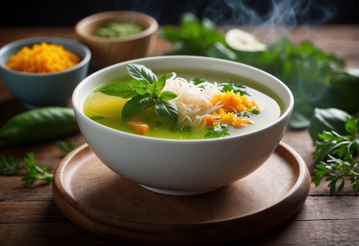 A steaming bowl of green papaya soup sits on a wooden table, surrounded by fresh herbs and spices. The vibrant colors and rich aroma convey its health benefits