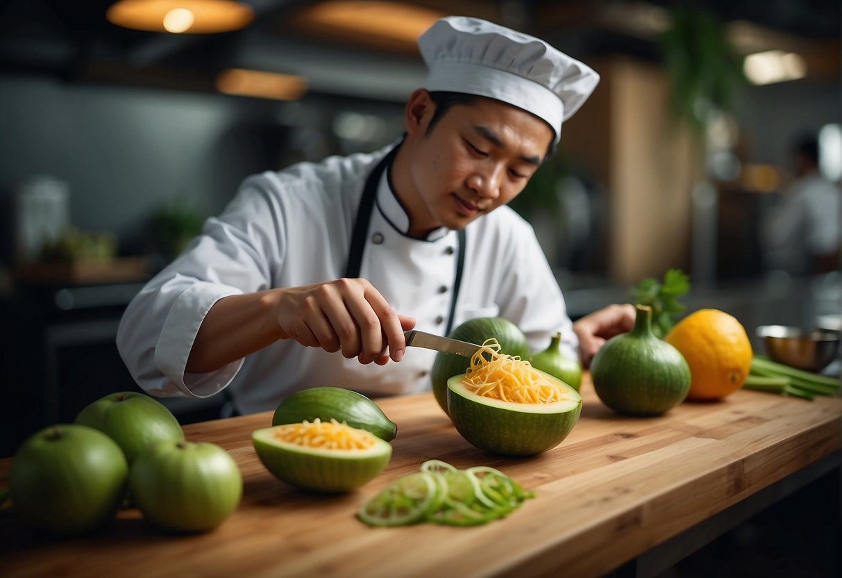 A chef slices green papaya, ginger, and garlic. They gather ingredients for Chinese soup