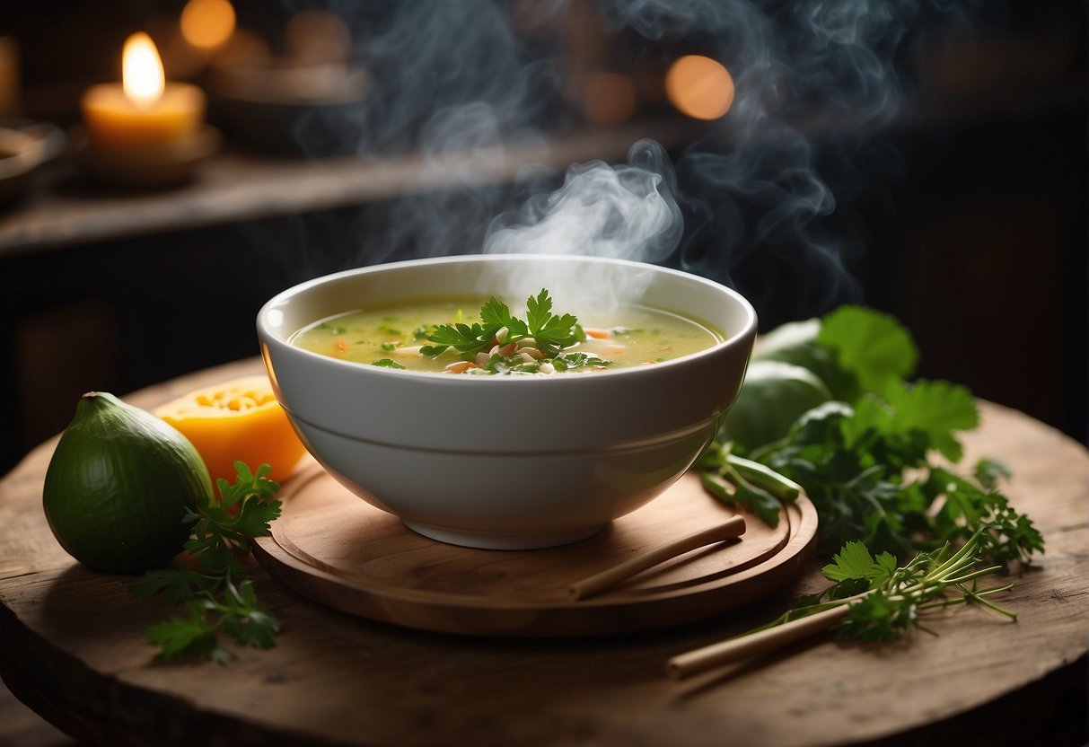 A steaming bowl of green papaya soup sits on a wooden table, surrounded by fresh herbs and spices. A pair of chopsticks rests next to the bowl, ready for use