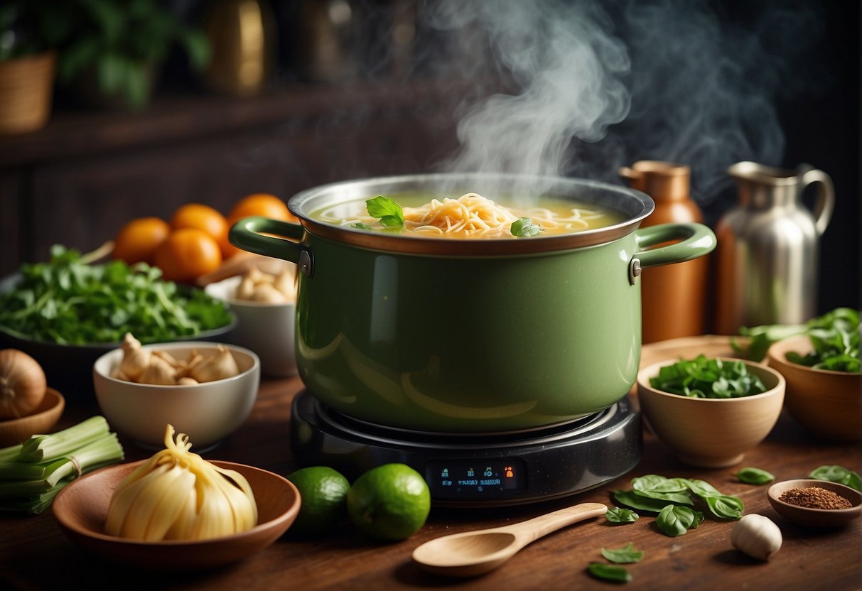 A steaming pot of green papaya soup sits on a kitchen counter, surrounded by various Chinese cooking ingredients and utensils. The vibrant green color of the soup contrasts with the earthy tones of the kitchen