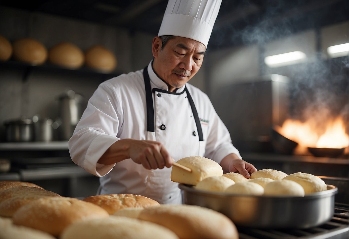 A Chinese chef mixes flour, milk, and cheese to create traditional Chinese cheese bread. The aroma of freshly baked bread fills the air
