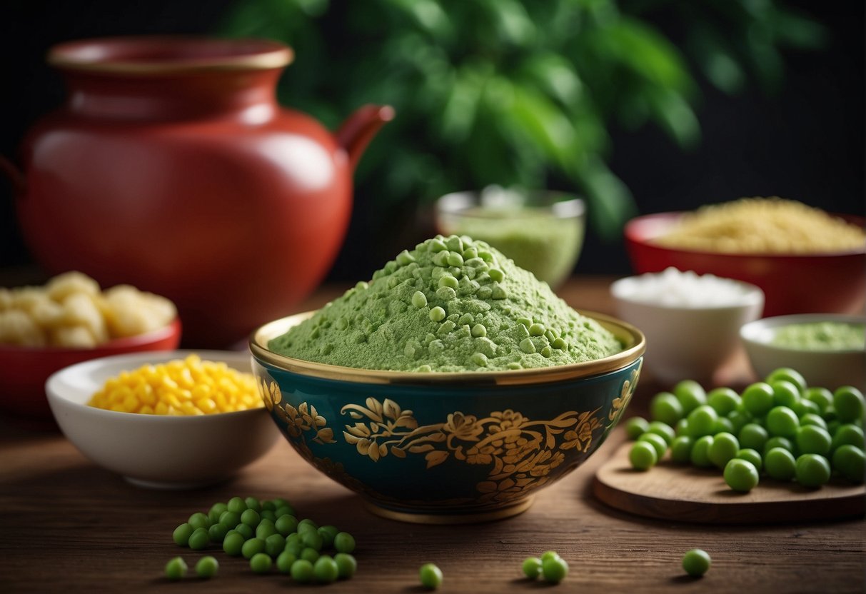 A table set with ingredients for green pea cookies, including a bowl of green pea flour, sugar, and butter. Chinese New Year decorations adorn the background