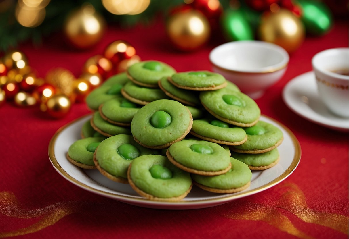 A plate of green pea cookies sits on a festive table, surrounded by red and gold decorations for Chinese New Year