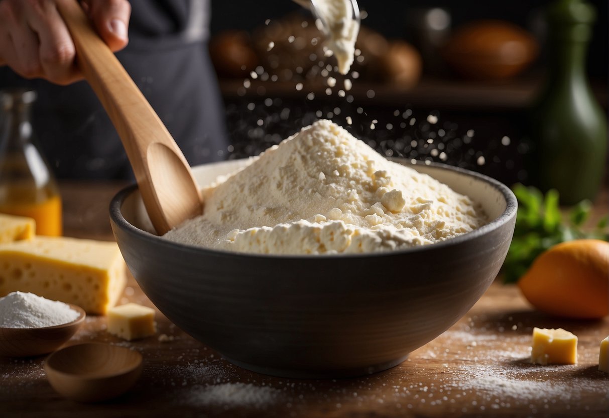 A mixing bowl filled with flour, sugar, and cheese. A hand pouring milk into the bowl. A wooden spoon stirring the ingredients together