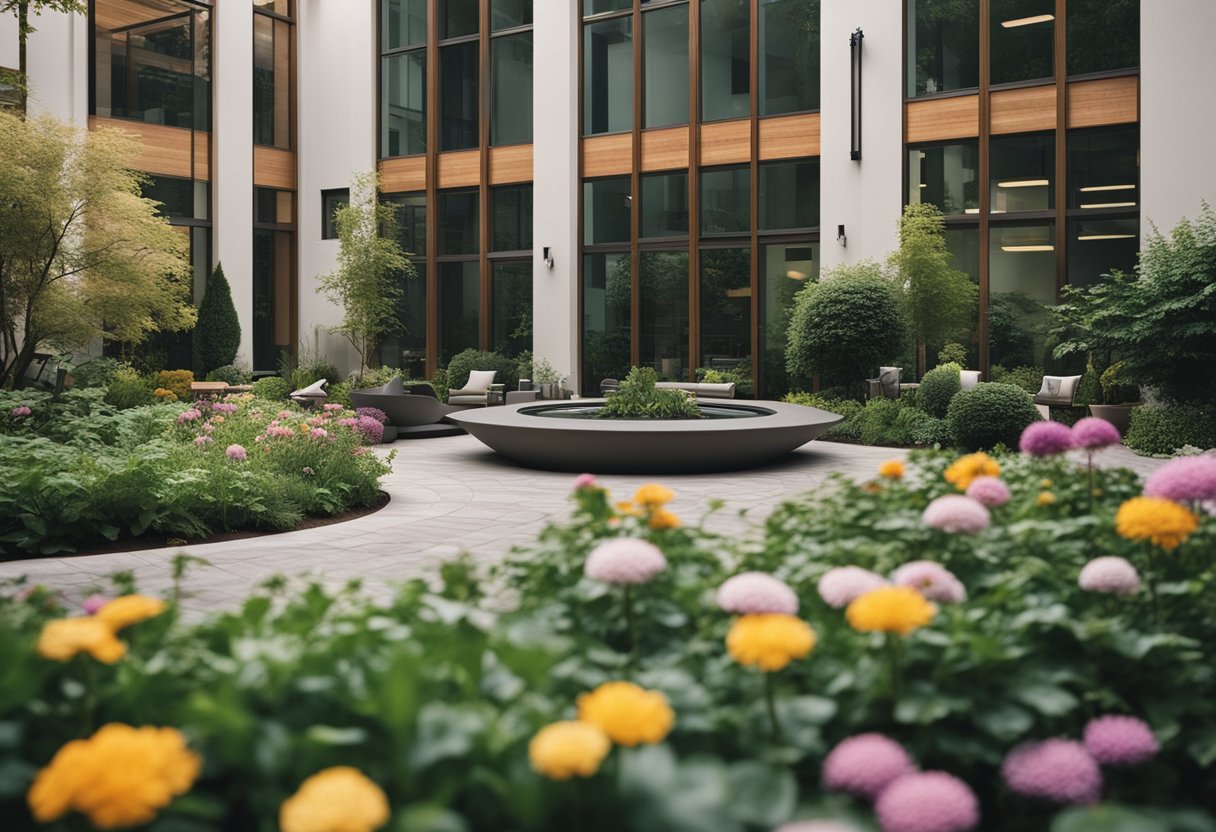 Lush gardens surround a modern, welcoming building with large windows. A peaceful courtyard features comfortable seating and colorful flowers