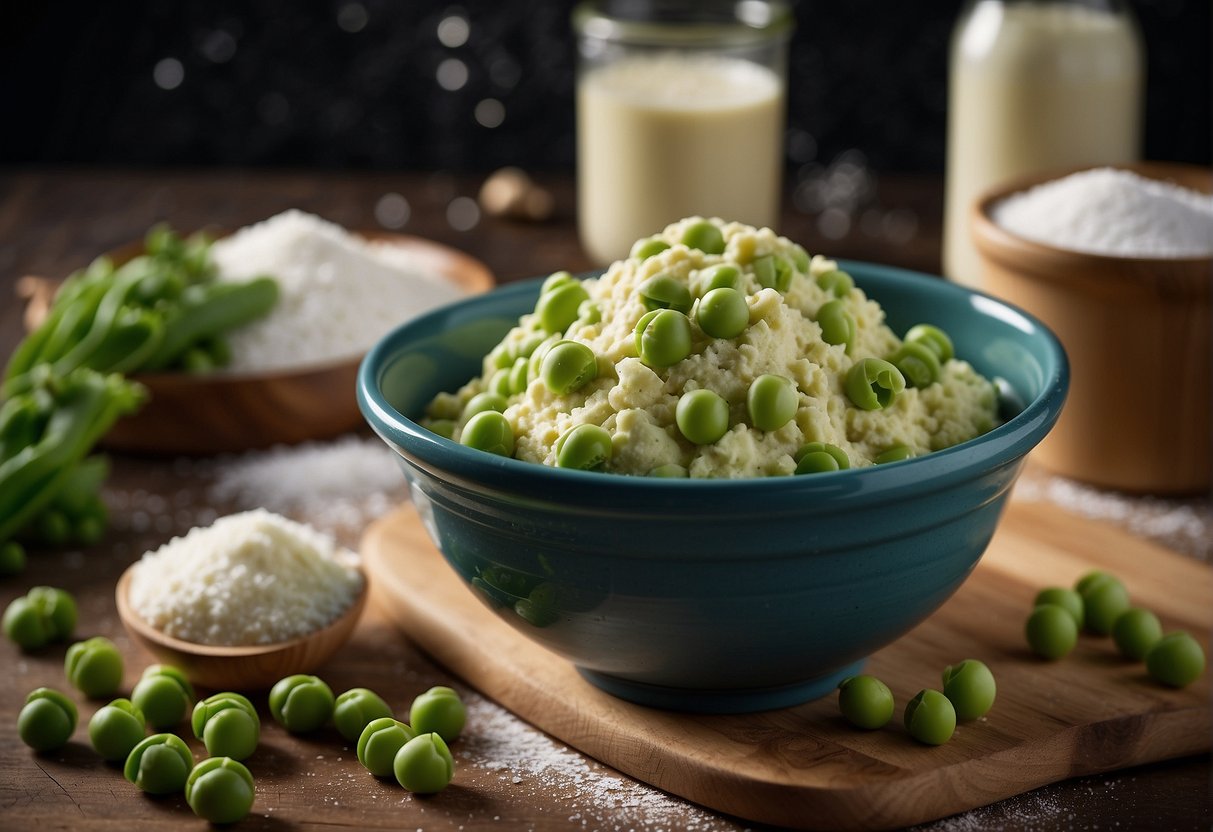 A mixing bowl filled with green pea cookie dough, surrounded by ingredients like flour, sugar, and green peas. A recipe card with step-by-step instructions sits nearby