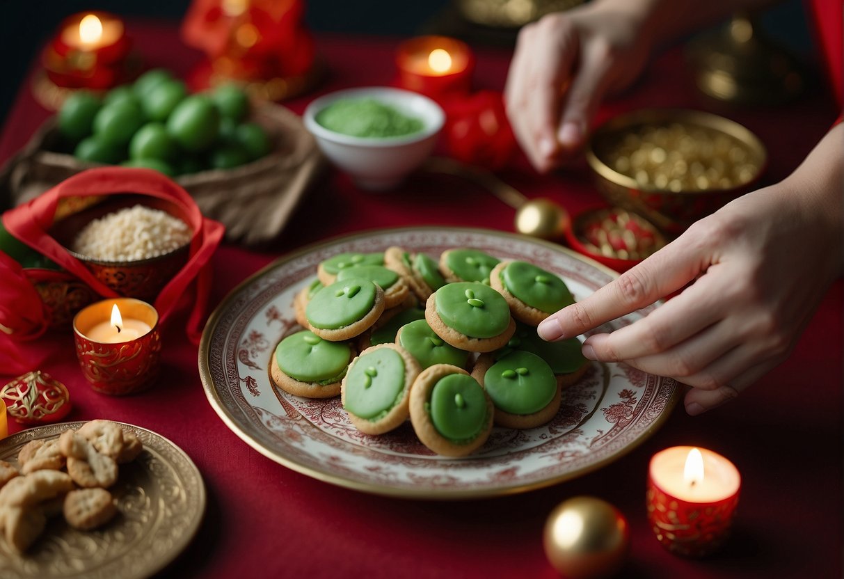 A hand reaches for a delicate green pea cookie, surrounded by traditional Chinese New Year decorations. The recipe book lies open, showing the finishing touches and preservation methods