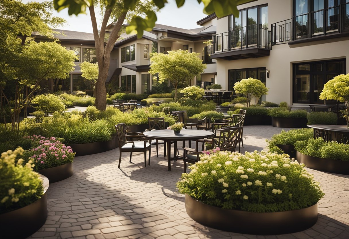 A serene garden with winding paths, blooming flowers, and shaded seating areas, surrounded by a modern and welcoming assisted living facility