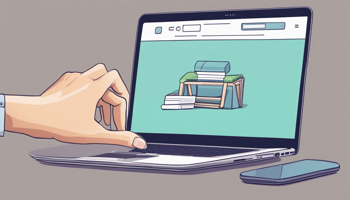 A hand hovers over a laptop, clicking on the "Add to Cart" button for a pair of stylish shorts on an online shopping website