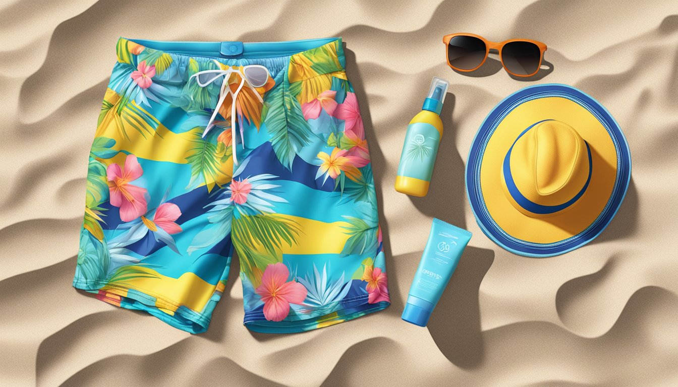A pair of colorful shorts laid out on a beach towel, surrounded by sunglasses, a sun hat, and a bottle of sunscreen