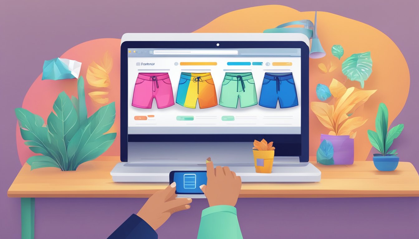 Customers browsing a variety of colorful shorts online, with a FAQ section displayed on the screen