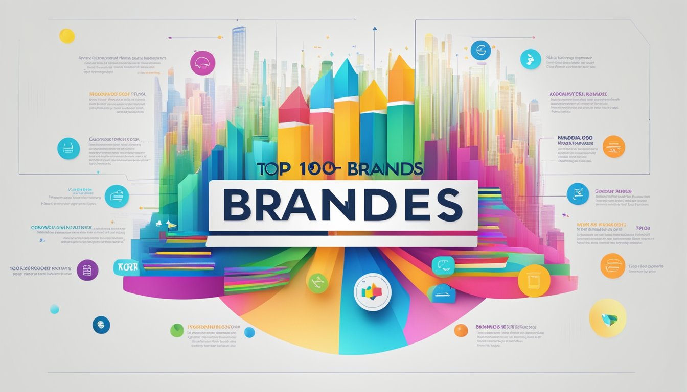A colorful graph showcasing the top 100 US brands, with vibrant lines and bold text highlighting Consumer Engagement and Brand Performance