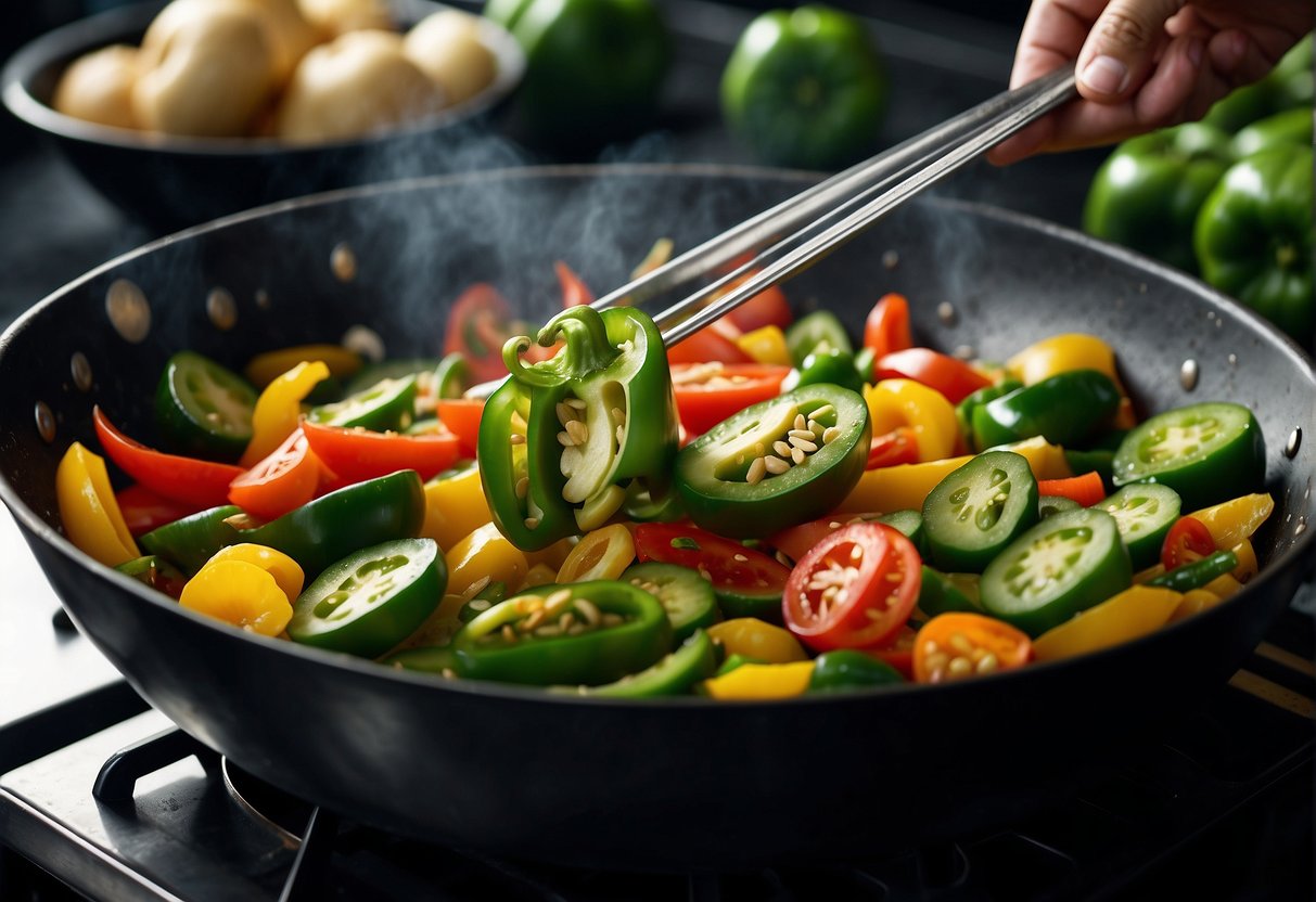 A green pepper being sliced and stir-fried in a wok with other colorful vegetables and traditional Chinese seasonings