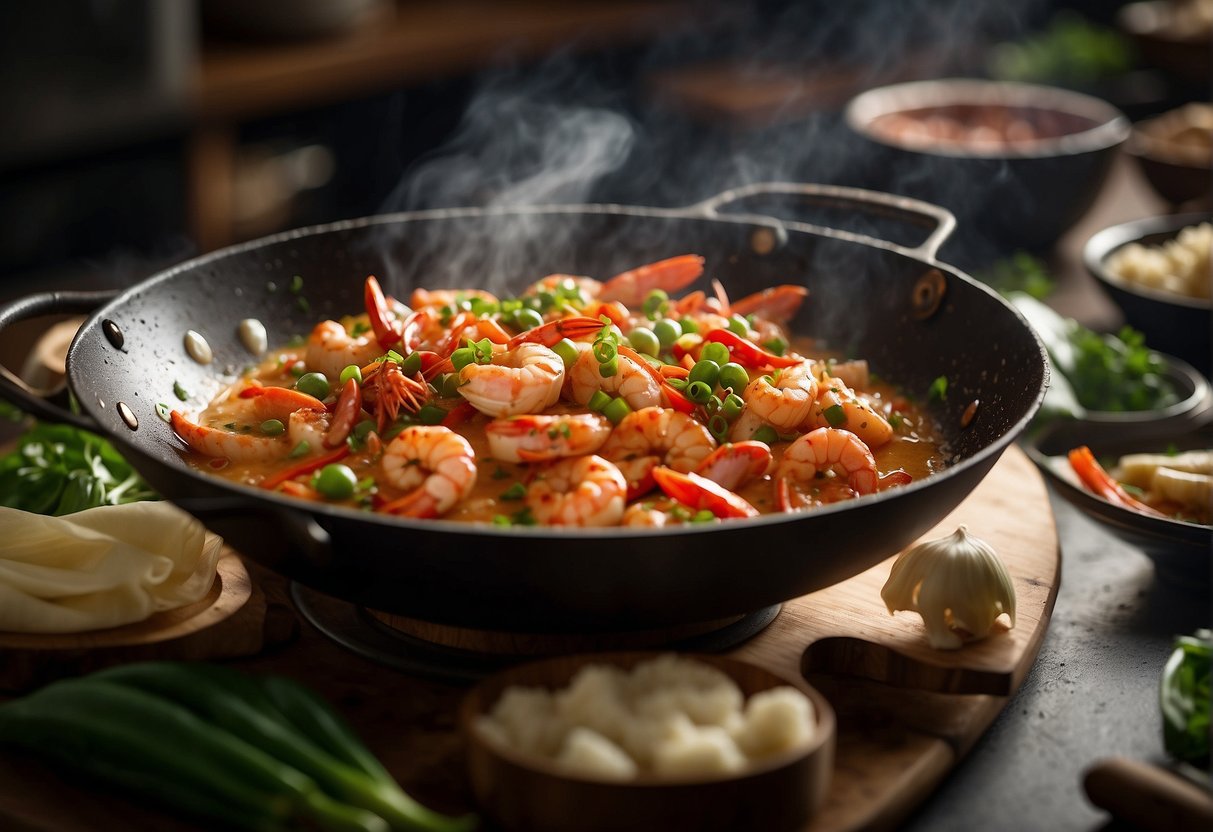 A large wok sizzles with chunks of lobster, sizzling in a rich, creamy cheese sauce. Surrounding the wok are vibrant red chili peppers, green scallions, and aromatic garlic and ginger