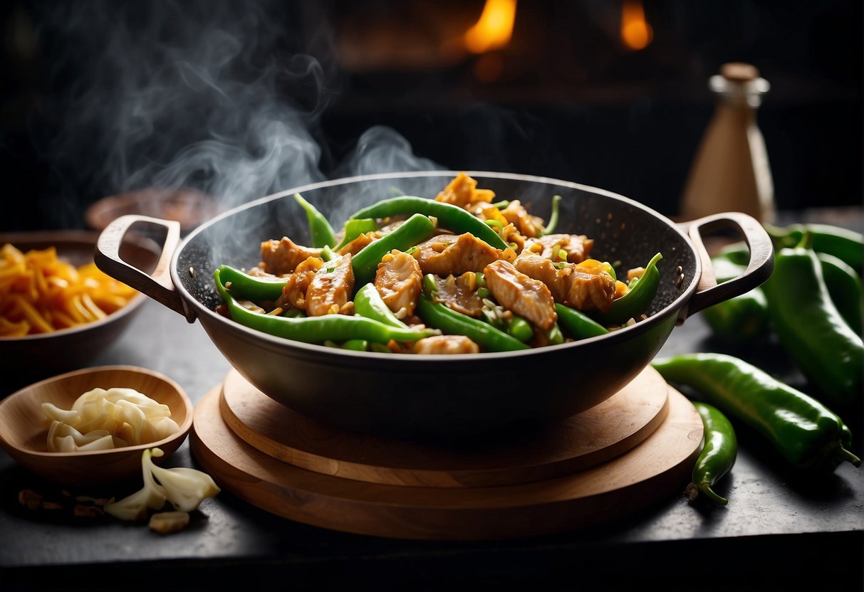 A sizzling wok with stir-fried green peppers, garlic, and ginger, emitting fragrant steam. A bowl of green pepper chicken sits nearby