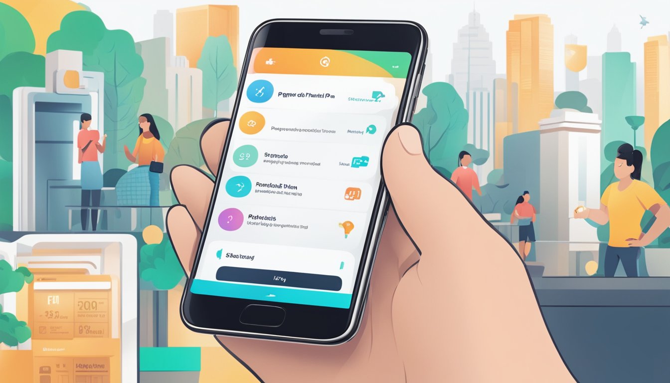 A hand holding a smartphone with Singtel's prepaid plan app open, showcasing various benefits and features. The screen displays options to top up online
