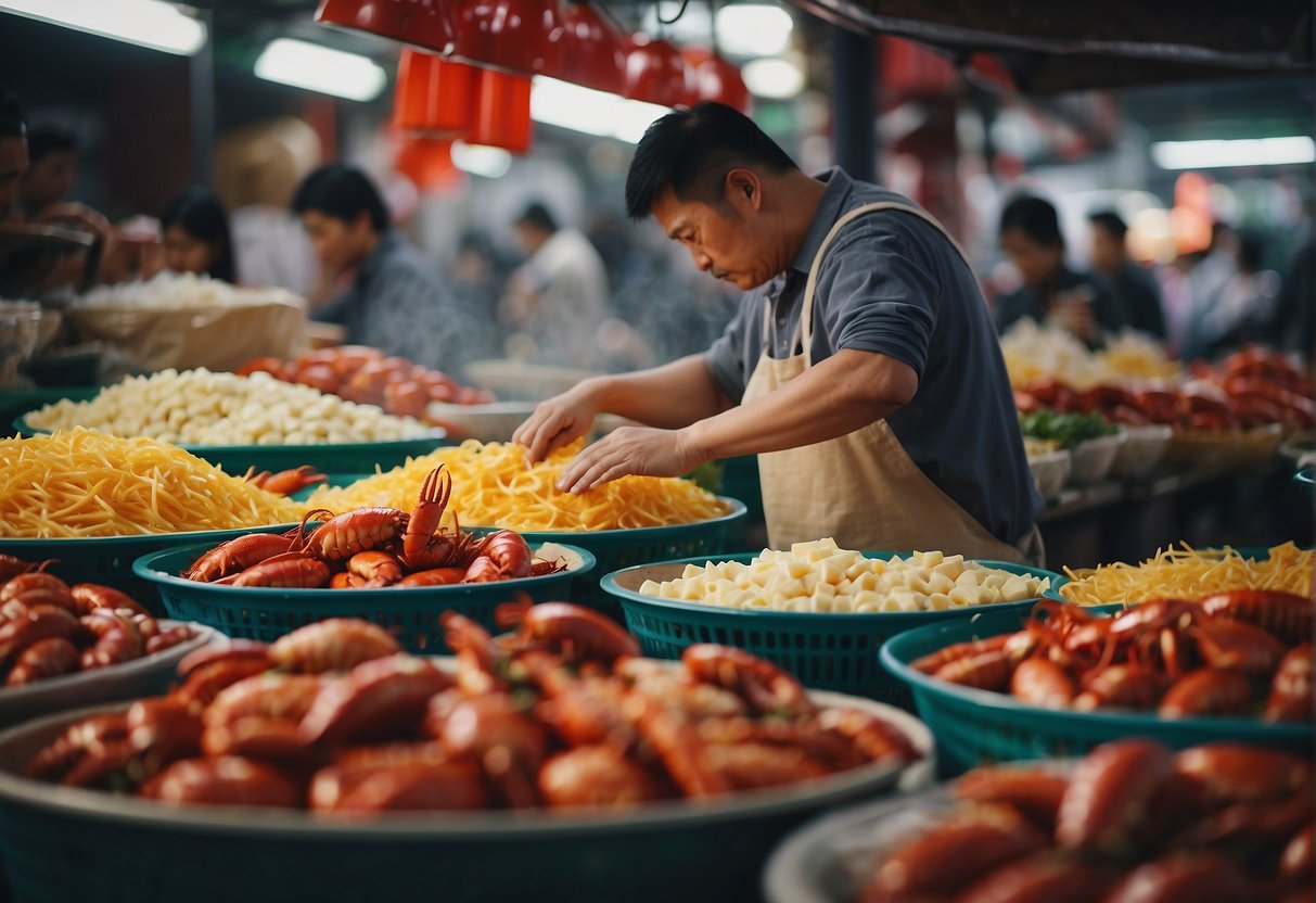 A person selecting fresh lobster, cheese, and other ingredients from a bustling Chinese market