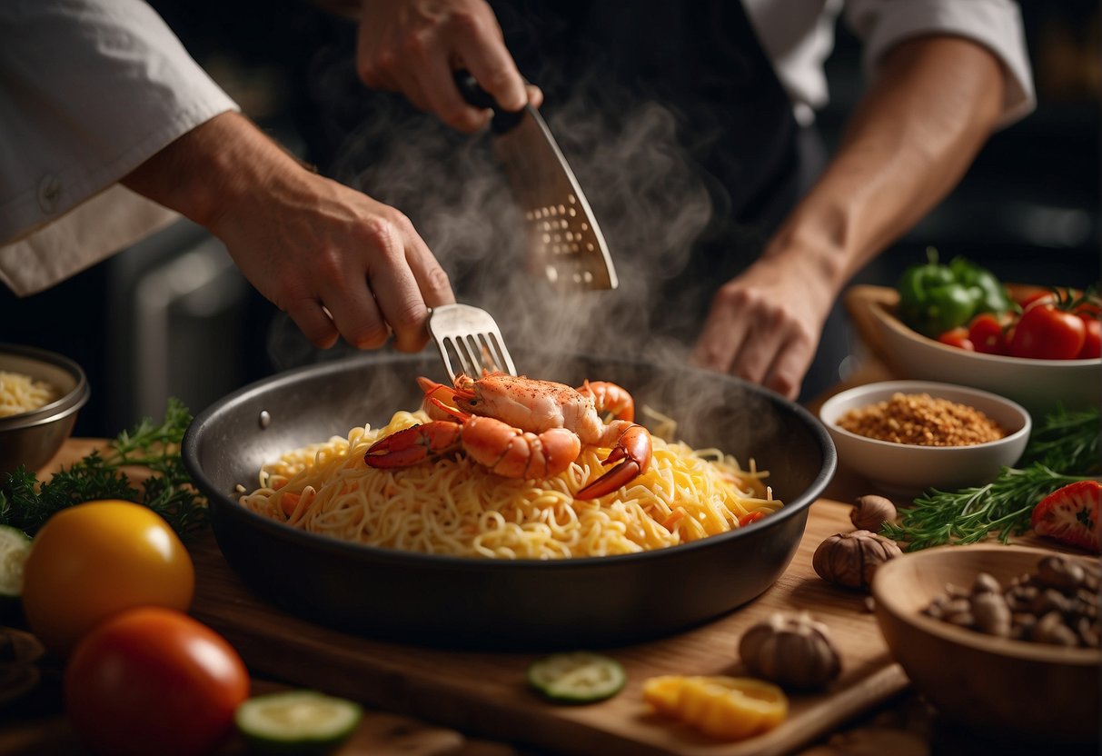 A chef grating Chinese cheese over a steaming pot of lobster, surrounded by various spices and ingredients on a wooden cutting board