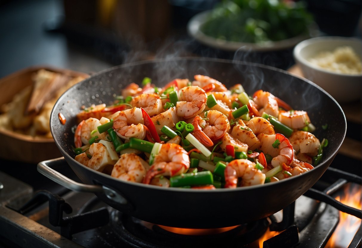 A wok sizzles as lobster chunks are stir-fried with cheese, garlic, and ginger. Green onions and chili peppers add color and heat to the dish