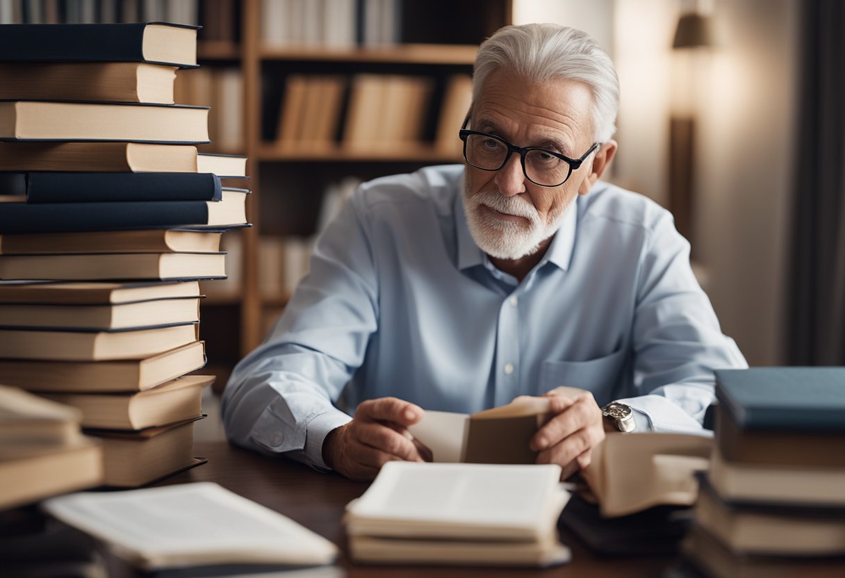 A person with a felony researching legal guidelines for working in assisted living, surrounded by law books and documents
