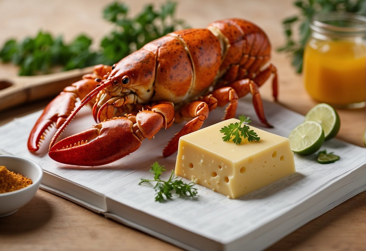 A table with a spread of ingredients: lobster, cheese, and Chinese spices. A recipe book open to "Chinese Cheese Lobster."