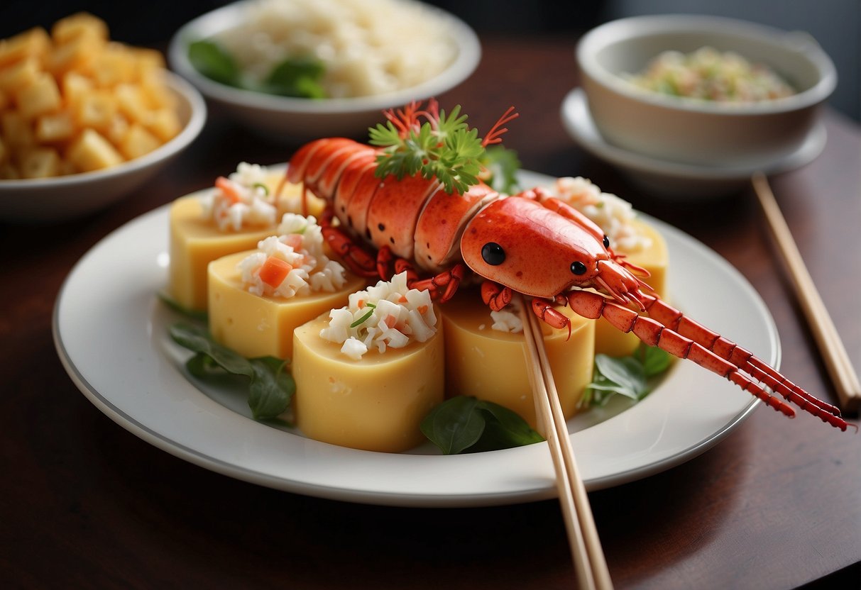A platter of Chinese cheese lobster with garnishes and chopsticks