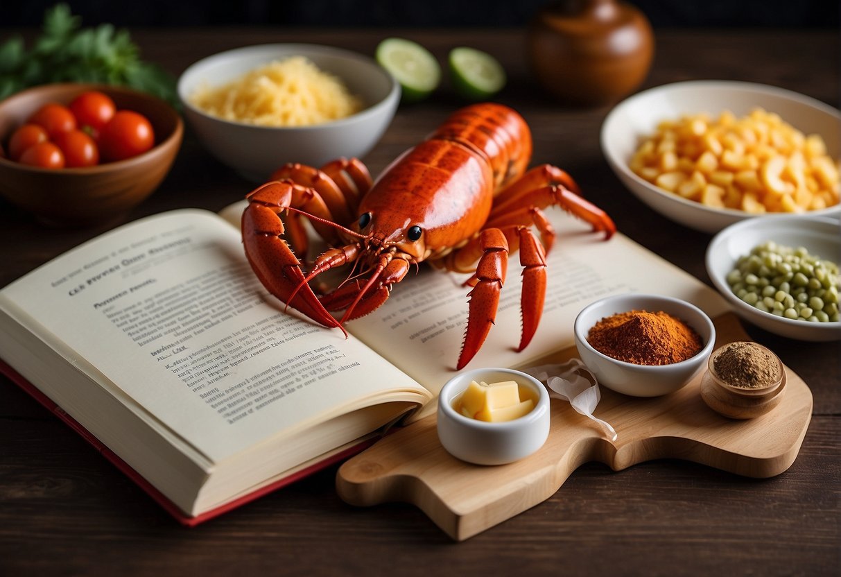 A table with ingredients for Chinese cheese lobster recipe, including lobster, cheese, and various spices, arranged neatly with a recipe book open to the page for frequently asked questions