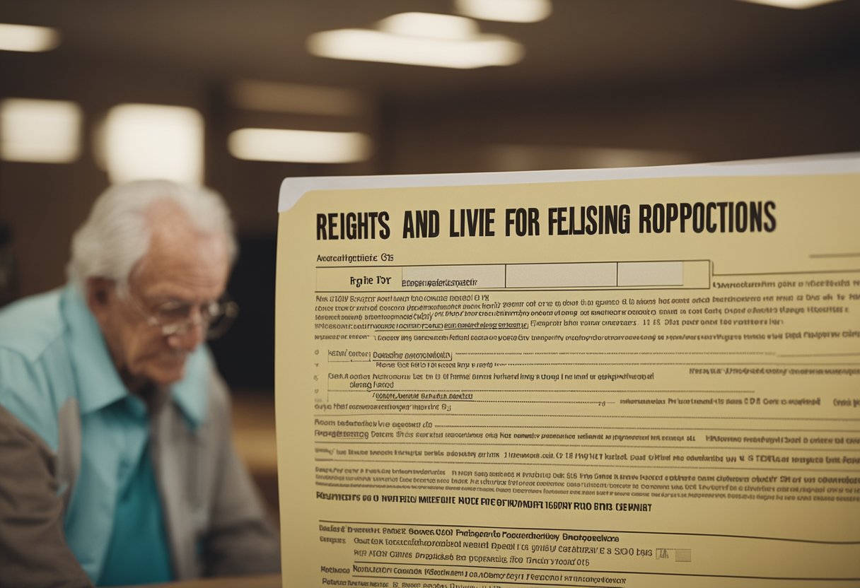 An individual with a felony record is seen inquiring about employment at an assisted living facility, while a sign prominently displays "Rights and Protections for Applicants."