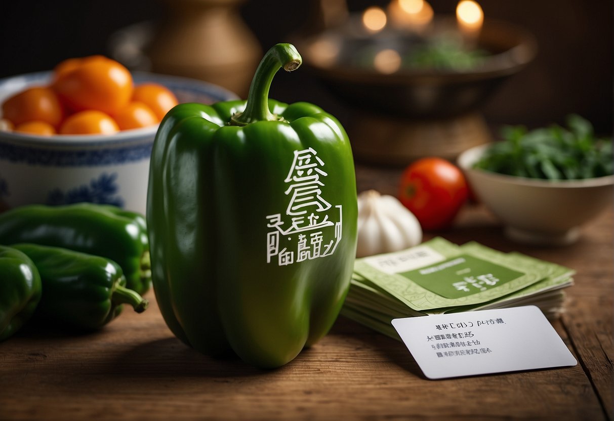A green pepper surrounded by Chinese cooking ingredients and a stack of FAQ cards