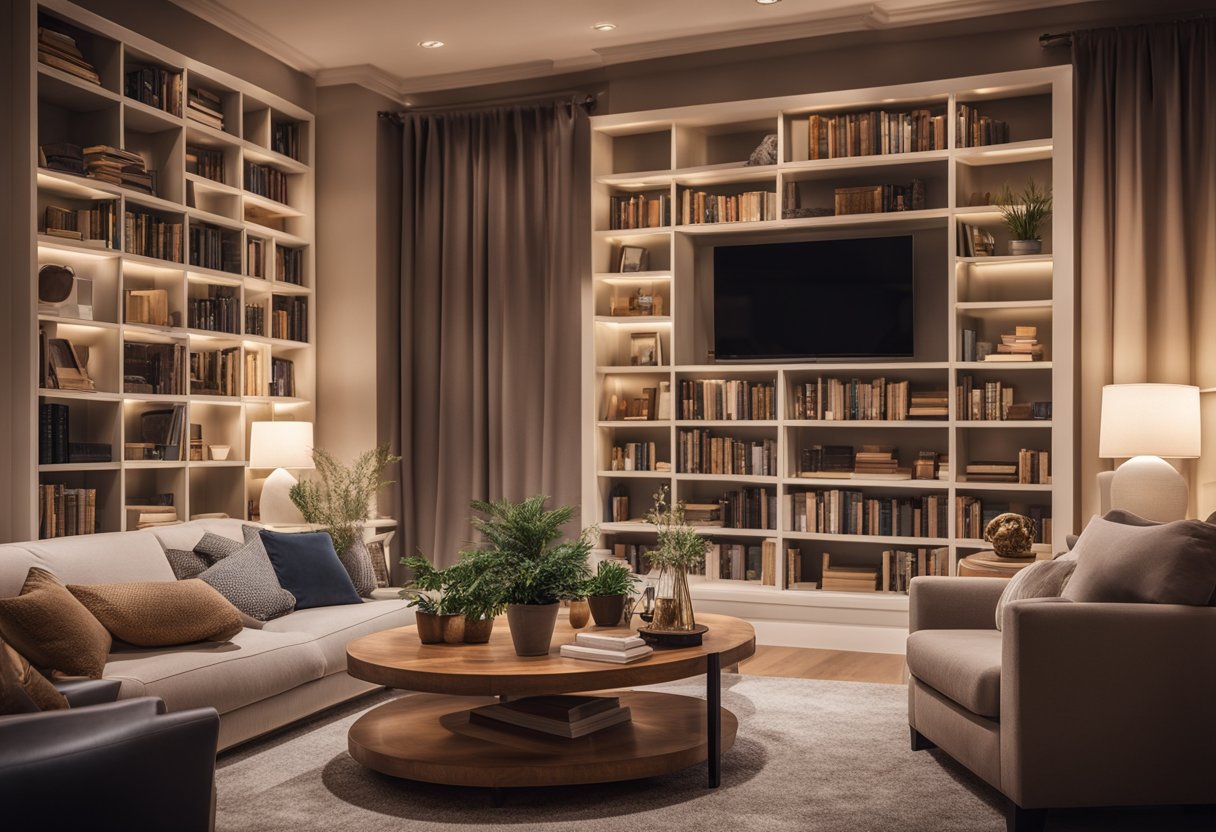 A cozy living room with comfortable furniture, soft lighting, and a warm color palette. A bookshelf filled with books and family photos adds a personal touch