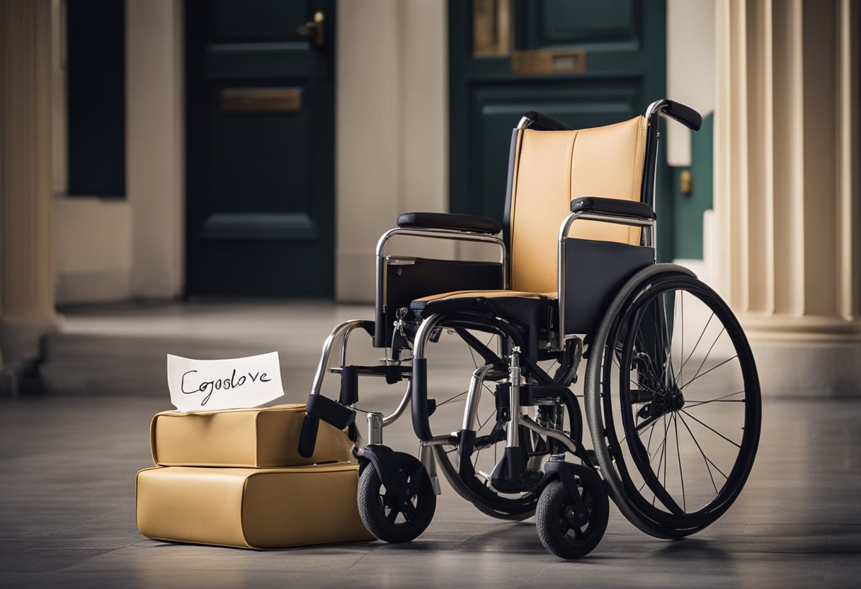 J. Anthony Brown's departure: empty wheelchair by open door, suitcase packed, key left on table, and a note with "Goodbye" written on it