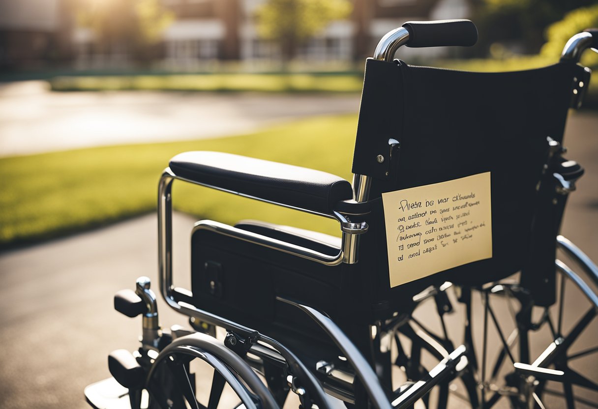 An empty wheelchair sits outside the assisted living facility, with a suitcase and a note left on the seat
