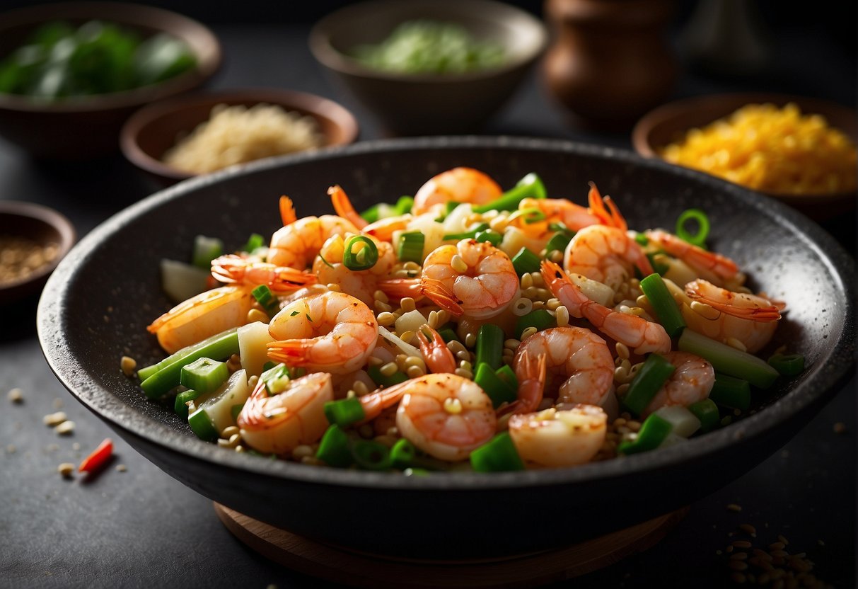 A wok sizzles as shrimp, cheese, and Chinese spices combine, creating a savory aroma. Green onions and sesame seeds garnish the dish