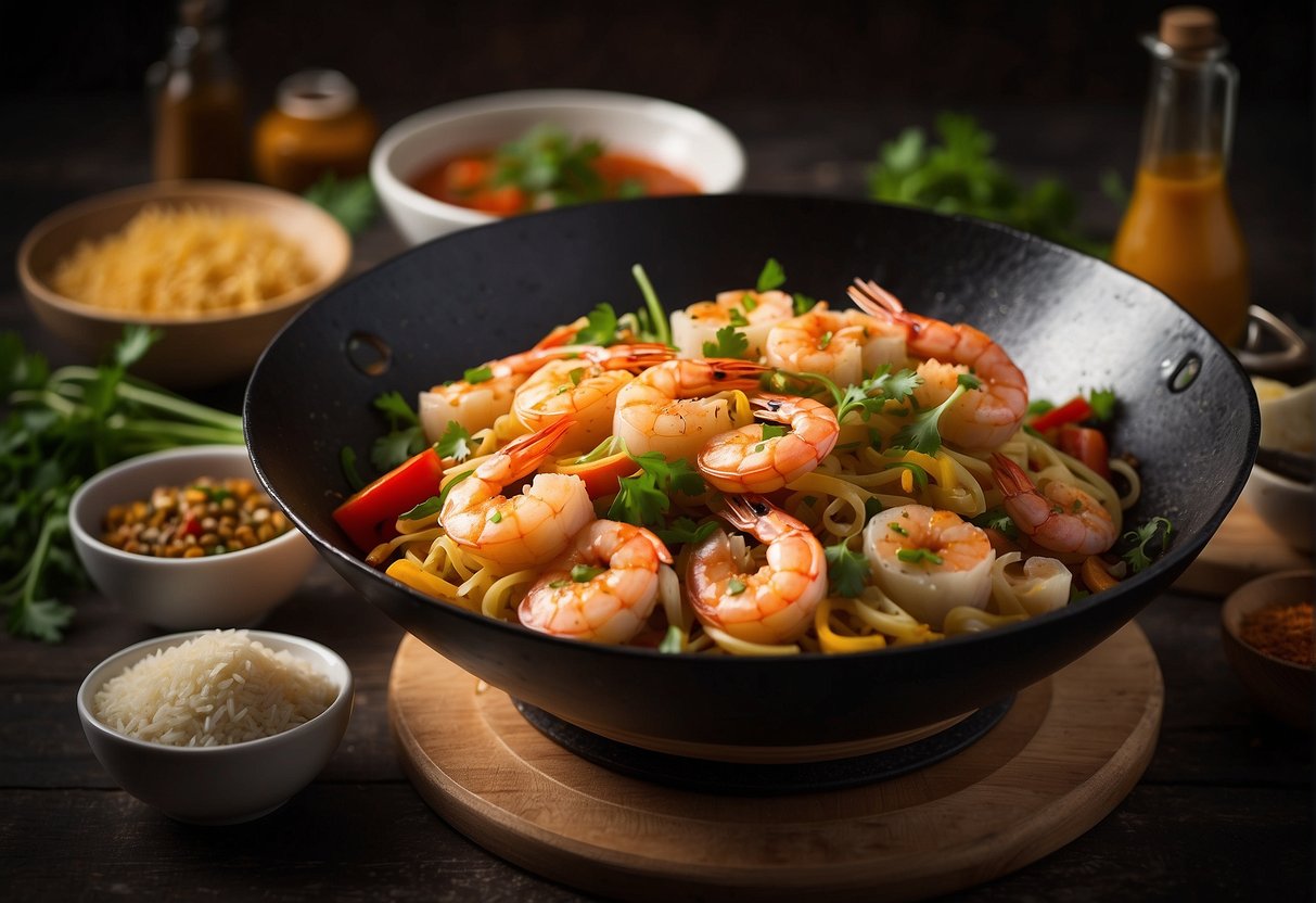 A wok sizzles with shrimp, cheese, and Chinese spices. A bowl of aromatic herbs and sauces sits nearby
